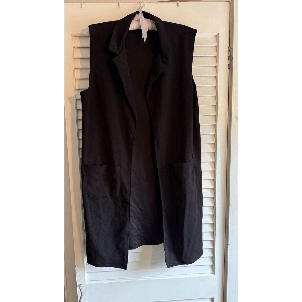 Long Black Jacket Duster Women’s Large Sleeveless Open Front Pockets Minimalism